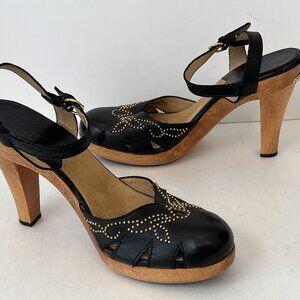 Michael Kors Black Leather Studded Wooden Platform Heels ~ Women's Size 10M